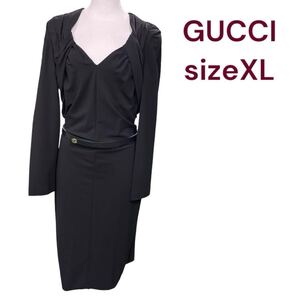 美品　グッチ　ストレッチジャージー　ロゴベルト付　シックな美形　ロングワンピース/GUCCI ブラック　黒