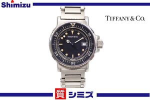 1円【TIFFANY&Co.】稼働品 良品 ティファニー ダイバー L0711 レディース腕時計 クオーツ デイト シルバー×ブラック◆質屋