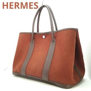 送料無料 HERMES エルメス トートバッグ ガーデンパーティPM トワルオフィシェ □I刻印 ブラウン 茶色 レザー 革 フランス製