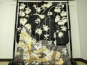 平和屋2■豪華振袖　駒刺繍　立波枝垂れ桜　黒地　金彩　逸品　DAAH5320ps