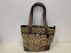 ☆1000円スタート☆ COACH　コーチ ショルダーバッグ トートバッグ　肩掛け　F13973　シグネチャー　キャンバス　レザー　ブラウン ◆27689