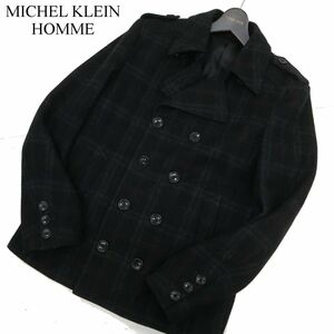 MICHEL KLEIN HOMME ミッシェルクラン オム 秋冬 ウール★ チェック Pコート Sz.46　メンズ 黒　C3T11625_C#N