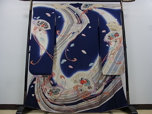 大振袖 正絹 紺地 刺繍入 扇面花鳥蝶文 暈し染め 金彩 袷 身丈162.5cm fuso19★喜香★