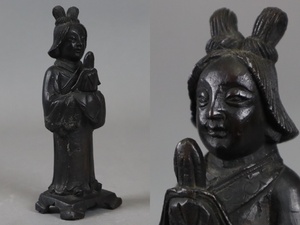 中国古玩 古銅 賢人 人物像 高18cm 唐物 中国金工 細密細工 古美術品[c764]