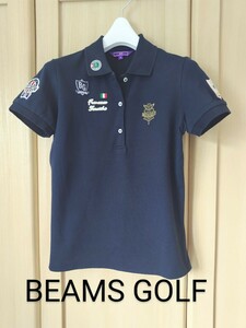 BEAMS GOLF レディースS ビームス ゴルフ半袖 ストレッチ ポロシャツ ブランドロゴ刺繍 ワッペン ネイビー 日本製 正規品