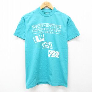 XS/古着 ヘインズ 半袖 ビンテージ Tシャツ メンズ 90s ウエストミンスター MUSIC クルーネック 水色 24jun12 中古