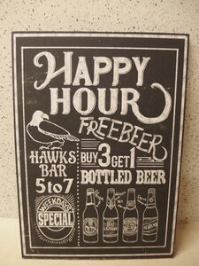 0930720k【サイズB】HAPPY HOUR 木製パネル ハッピーアワー/看板/お店/50×70cm程/中古品