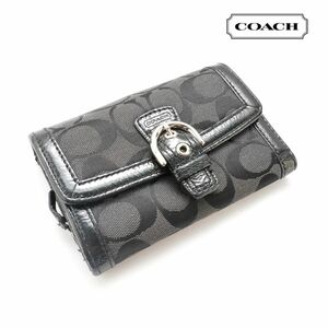 COACH コーチ 折財布 総柄 シグネチャー バックル エナメル キャンバス地 黒 ブラック @WC11