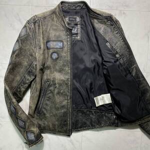 希少デザイン/美品 Lsize DIESEL レザーライダース ヴィンテージ加工 USED シングル ワッペン ジャケット ディーゼル 本革 革ジャン メンズ