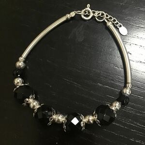 シルバー925 豪華 カットオニキス フローラル ブレスレット 19cm～21cm インディアンジュエリー シルバービーズ ナバホ族 キラキラ