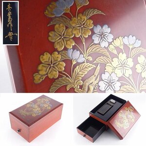 【扇屋】在銘 桜蒔絵 朱塗納戸硯 高さ 約10.5cm 幅 約24cm×約13.5cm 木製 水滴 小引き出し 漆器 漆芸 書道具 硯箱 G-1