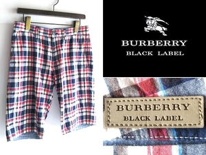 希少 BURBERRY BLACK LABEL バーバリーブラックレーベル フェイクレザーロゴパッチ コットン チェック柄 ショートパンツ ショーツ 73(78cm)