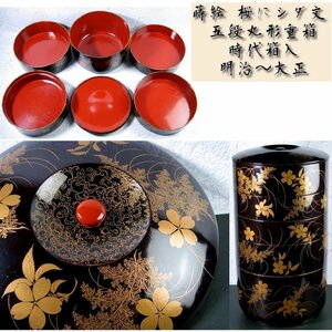 時代　蒔絵 桜にシダ文 五段丸形重箱　時代箱入　明治～大正/22L011