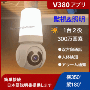 300万画素 防犯カメラ LED電球型 Wifi 監視 360度視野 動体検知 玄関灯 常時録画 アラーム録画 繰り返し録画 Q26-H◆