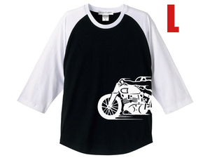 スピードアディクト サイドプリント Raglan 3/4 Sleeves T-shirt BLACK × WHITE L/七分袖ロンteeラグランナックルパンショベル英車英国車