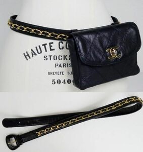 VINTAGE CHANEL leather waist belt bag シャネル レザー チェーン ウエスト ベルト マトラッセ バッグ ポシェット b8052