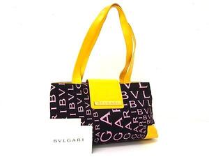 1円 BVLGARI ブルガリ ロゴマニア ナイロンキャンバス×レザー ショルダーバッグ トートバッグ 肩掛け ブラック系×イエロー系 FH3276