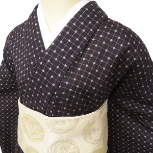 夏物 小紋 浴衣 着物 中古 木綿 カジュアル 格子模様 絣模様 黒鳶色 多色 身丈160cm 裄66cm M きもの北條 A1067-2