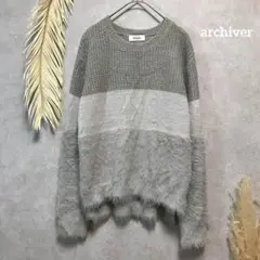 900【archiver】(M) ニット セーター 長袖 グレー 美品 フェザー