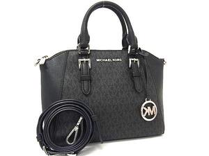 1円 ■美品■ MICHAEL KORS マイケルコース MK柄 PVC×レザー 2WAY ハンドバッグ ショルダー クロスボディ 斜め掛け ブラック系 BJ6718