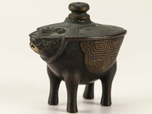 【流】中国美術古銅 饕餮文 水滴 書道具 DI280