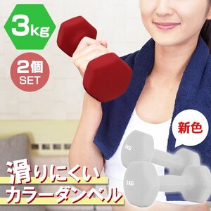 【2個セット/ライトグレー】滑りにくい カラー ダンベル 3kg 筋トレ エクササイズ 宅トレ シンプル ウエイトトレーニング ダイエット 新品