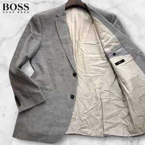 極美品/XL相当◆最高峰カシミヤ混・極艶ツイード◆ヒューゴボス HUGO BOSS テーラードジャケット ウール ストレッチ グレー メンズ 50 秋冬