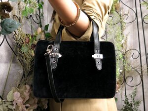 超美品●FENDI フェンディ●FFロゴ●ベロア カーフ レザー 本革●2way ハンド バッグ●黒●シルバー金具●斜め掛け●ヴィンテージ●Js53581