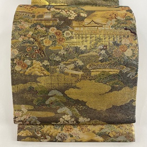 丸帯 美品 逸品 建物 松 金糸 箔 金色 全通 正絹 【中古】