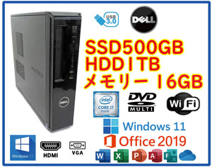 ★送料無料★スリムPC★超高速 i7-4790(4.0GHz)/大容量SSD500GB+大容量HDD1TB/メモリ16GB/Wi-Fi/Win11/Office2019/DELL Vestro 3800