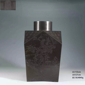 古錫 茶葉罐 潮陽・顔興順 造 「錫製刻雅集詩文図大茶心壺」 茶筒 茶入 茶壷 茶道具 純錫 時代物 LT-0622