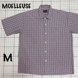 良品 モアルーズ【MOELLEUSE】半袖ボタンシャツ ワイシャツ カジュアル Mサイズ チェック ブルーグレー×レッド×ホワイト/灰青赤白