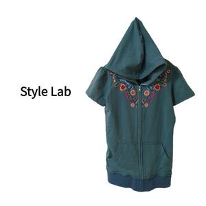 Style Lab（one）半袖スウェットパーカー＊花柄刺繍＊ファスナー＊緑