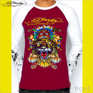 Ed Hardy　エドハーディー　メンズ　マルチプリント　タイガー　ラグラン袖　ロンT　レッド系　M