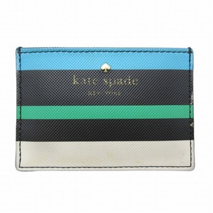 17SS ケイトスペード KATE SPADE ストライプ カードケース ロゴ ボーダー PVC レザー 名刺入れ 定期入れ パスケース ブルー グリーン