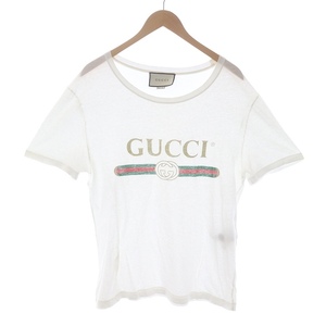 グッチ GUCCI Tシャツ カットソー クルーネック プルオーバー 半袖 ウォッシュド加工 ダメージ加工 S 白 カーキ 緑 440103-X3F05 /SI30