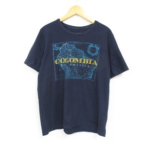 【50%OFF】L/古着 半袖 Tシャツ メンズ コロンビア 地図 コットン クルーネック 紺 ネイビー 23aug26 中古 5OF