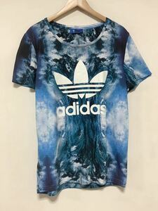 ゆ1321 adidas originals アディダスオリジナルス 総柄 半袖Tシャツ O ブルー ビッグロゴ トレフォイルプリント