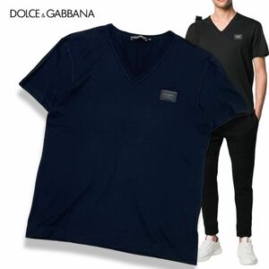 国内正規品 DOLCE &GABBANA ドルチェ&ガッバーナ G8KK0T半袖コットン Vネック Tシャツ ロゴ プレート カットソー 46 ネイビー メンズ