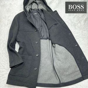 【極美品XLサイズ!!!】 HUGO BOSS ヒューゴボス フーテッドウールコート ウール100% ロング丈 極暖 秋冬 ダークグレー メンズ サイズ50