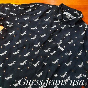 最値!ヴィンテージ旧モデル!希少USA企画!Guess jeans usa高級レーヨン 総柄 半袖 シャツ!名作コレクターズモデル!ブラック!黒白 Lサイズ