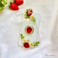 #052 全機種対応　イチゴと葉っぱのスマホケース　スマホリング付き