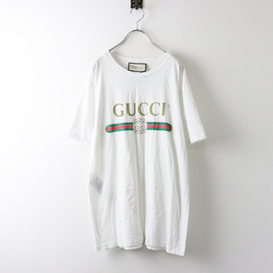 JPタグ グッチ GUCCI ロゴ オーバーサイズ ダメージ加工 Tシャツ XS/ホワイト 白 TEE トップス イタリア製【2400014012828】