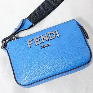 希少●美品●FENDI フェンディ サンシャイン レザー ショルダーポーチ メンズ ビジネス ロゴ 肩掛け ウォレット カードケース 財布 ブルー 