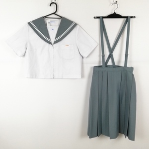 1円 セーラー服 スカート 上下2点セット 170A 大きいサイズ 夏物 白2本線 女子 学生服 大分野津中学 白 制服 中古 ランクC EY8869