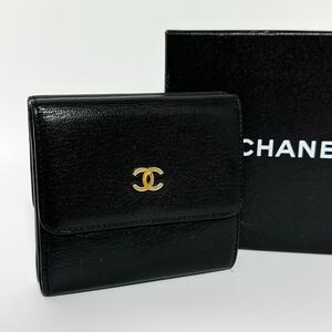 CHANEL シャネル カーフスキン ココマーク Wホック 三つ折り 財布 コンパクト ウォレット ゴールド レザー 本革 レディース ブラック 黒