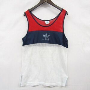 80s USA製 adidas メッシュ タンクトップ ノースリーブ マルチカラー ホワイト レッド ネイビー アディダス 古着 ビンテージ 3AU0605