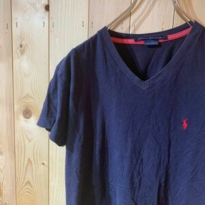 [KWT2395] RALPHLAUREN Vネック半袖Tシャツ レディース ネイビー ポス