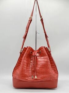 極美品 クロコダイル マット ショルダーバッグ 巾着型genuine crocodile エキゾチックレザー ワニ革 赤色系 レッド系