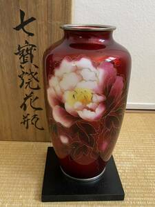 七宝 赤色 牡丹 花瓶 花柄 高さ21.5cm 七宝焼 花器 花入 花生 和室 置物 飾り物 壺 壷 骨董 アンティーク 中国 茶道具 茶器